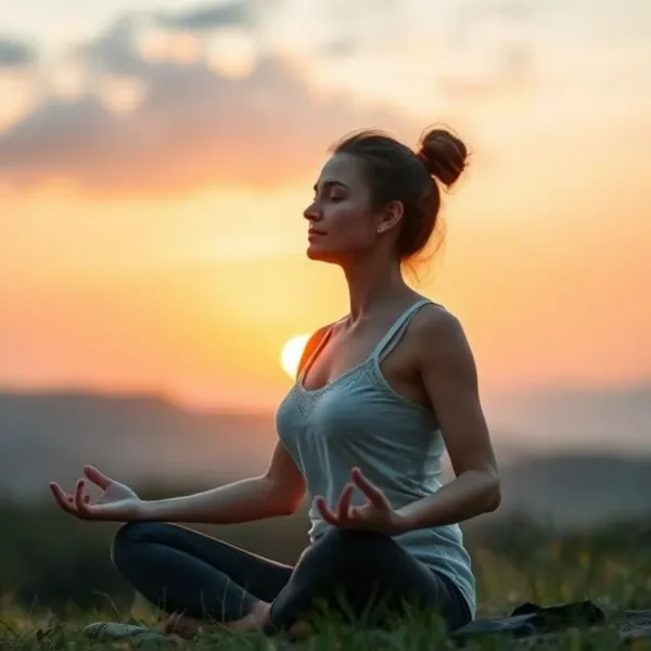 Mulher meditativa ao amanhecer em um ambiente natural.