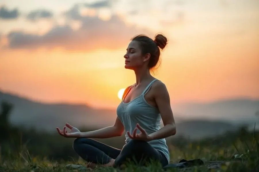 Mulher meditativa ao amanhecer em um ambiente natural.