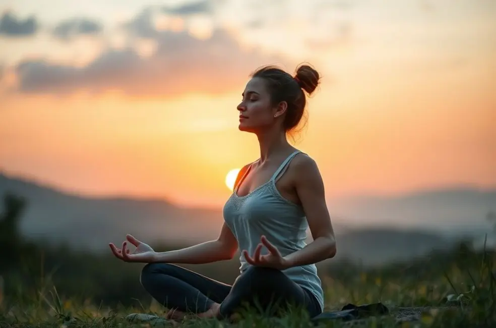 7 Práticas de Mindfulness para Reduzir o Estresse e Equilibrar sua Rotina 8 Mulher meditativa ao amanhecer em um ambiente natural.
