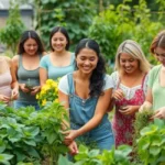 Grupo de mulheres se divertindo enquanto trabalham em suas hortas.
