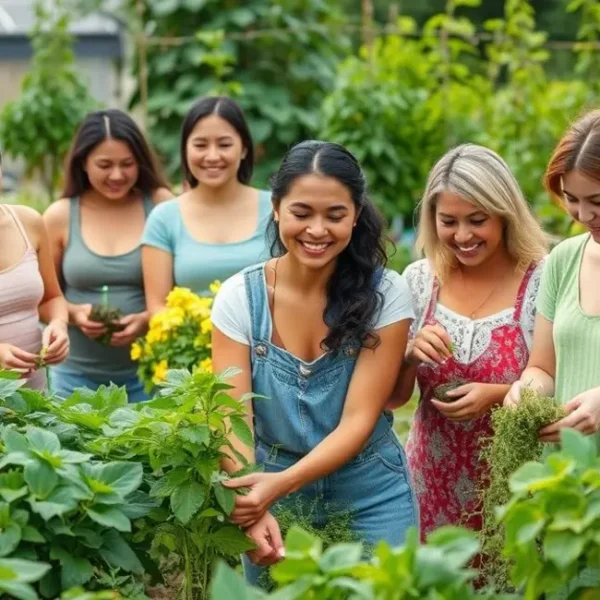 Grupo de mulheres se divertindo enquanto trabalham em suas hortas.