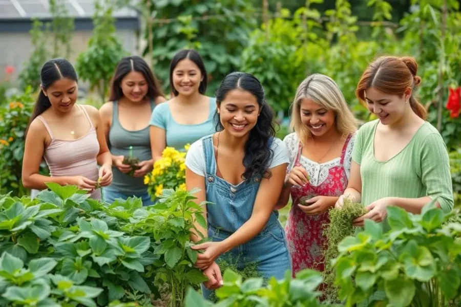 Grupo de mulheres se divertindo enquanto trabalham em suas hortas.