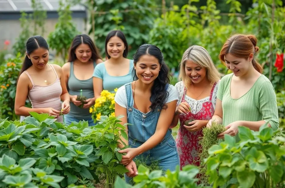 7 Passos para Criar uma Horta Prática e Saudável em Casa 8 Grupo de mulheres se divertindo enquanto trabalham em suas hortas.
