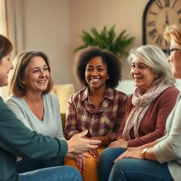 Mulheres em um círculo de apoio, compartilhando sentimentos e experiências sobre raiva.