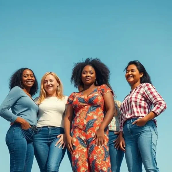 Grupo de mulheres diversas unidas e confiantes em uma linda paisagem.