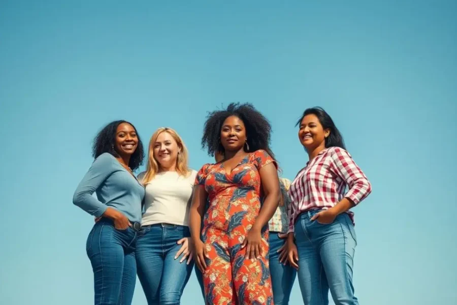 Grupo de mulheres diversas unidas e confiantes em uma linda paisagem.