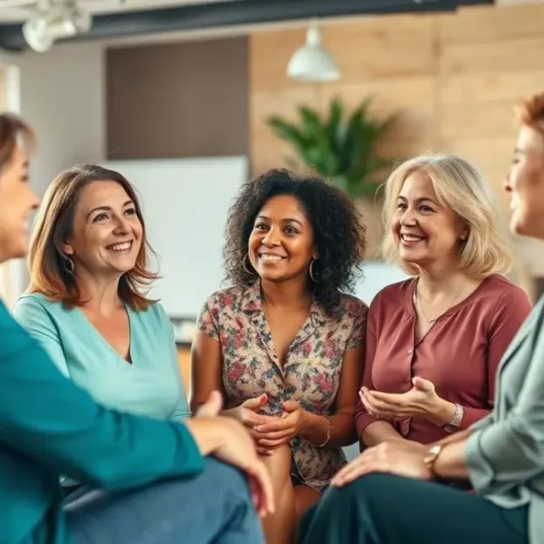 Grupo de mulheres discutindo sobre finanças e sonhos.