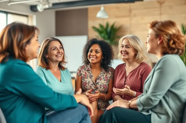 Grupo de mulheres discutindo sobre finanças e sonhos.