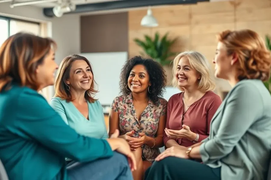 Grupo de mulheres discutindo sobre finanças e sonhos.