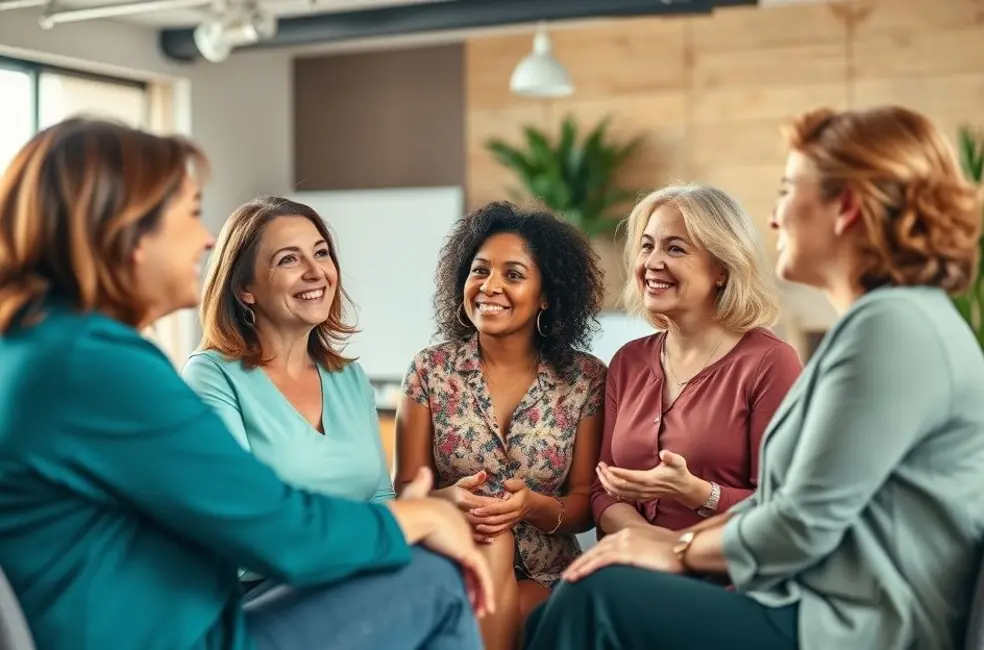 7 Passos para Planejamento Financeiro que Transformarão seus Sonhos em Realidade 8 Grupo de mulheres discutindo sobre finanças e sonhos.