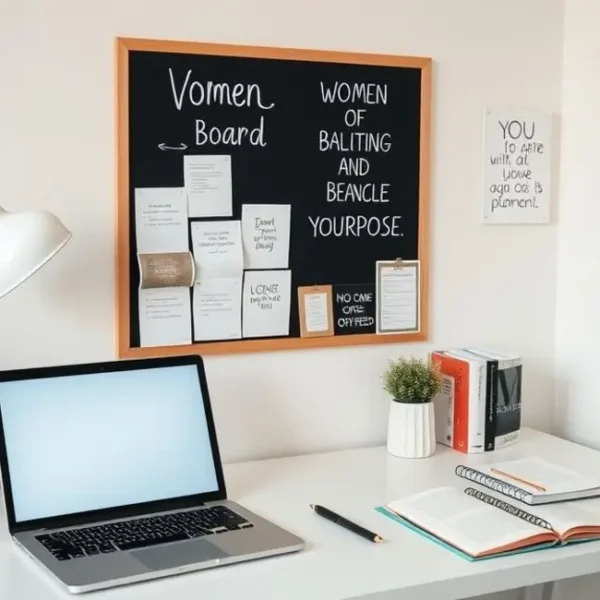 Mesa de trabalho serena com laptop e quadro de visão, simbolizando equilíbrio e propósito.