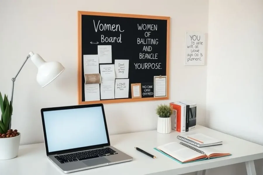 Mesa de trabalho serena com laptop e quadro de visão, simbolizando equilíbrio e propósito.
