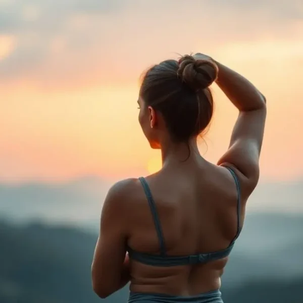 Mulher praticando yoga ao amanhecer, simbolizando relaxamento e fortalecimento das costas.