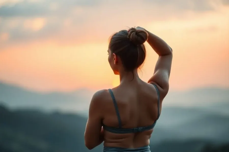 Mulher praticando yoga ao amanhecer, simbolizando relaxamento e fortalecimento das costas.