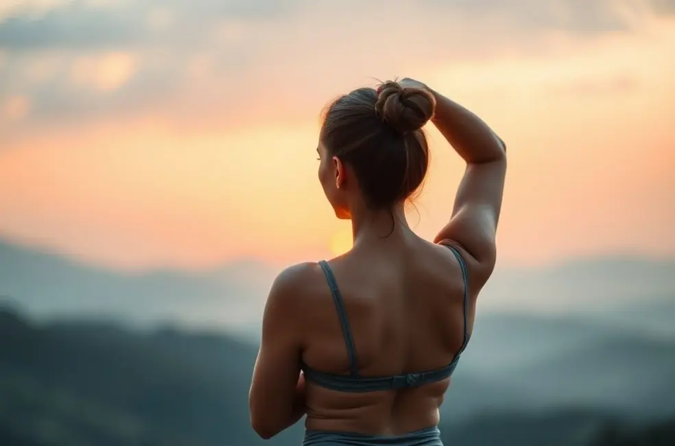 7 Exercícios Simples Para Aliviar a Dor nas Costas e Aumentar sua Mobilidade 8 Mulher praticando yoga ao amanhecer, simbolizando relaxamento e fortalecimento das costas.