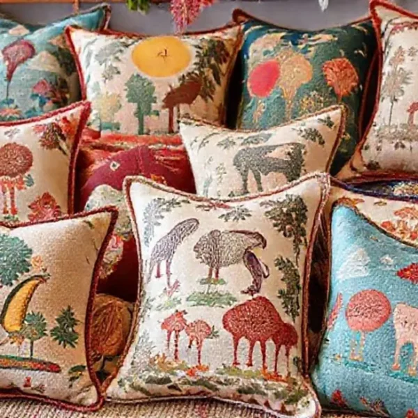 Exposição de almofadas temáticas em um ambiente aconchegante.