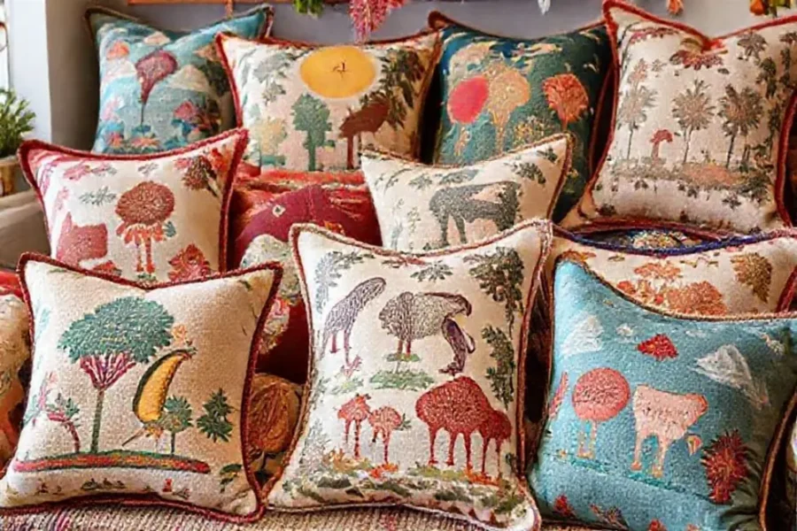 Exposição de almofadas temáticas em um ambiente aconchegante.