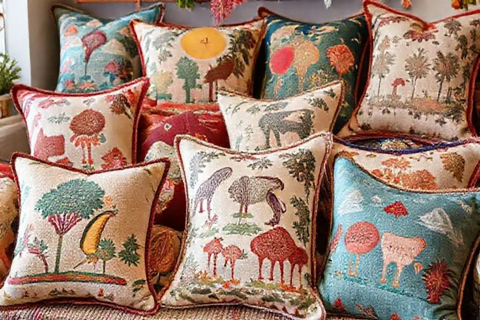 Exposição de almofadas temáticas em um ambiente aconchegante.