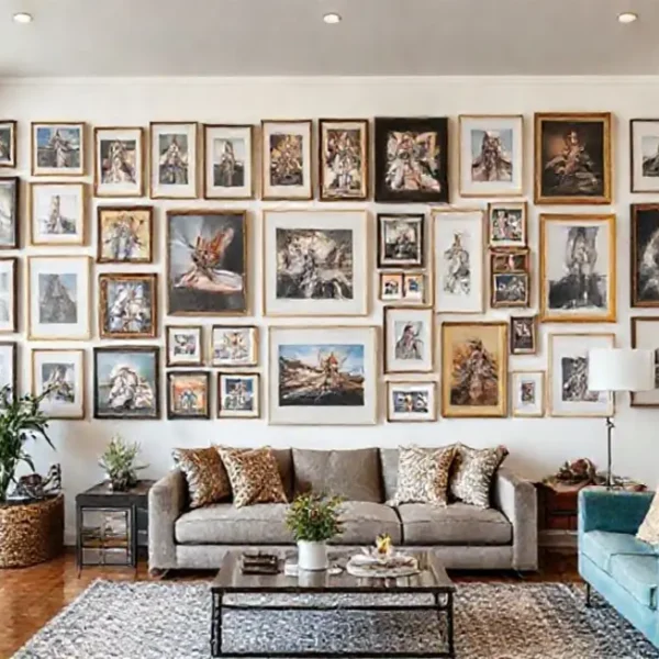 Espaço decorado com quadros variados