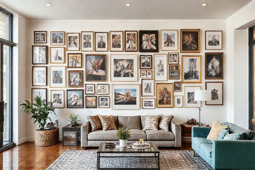 Espaço decorado com quadros variados