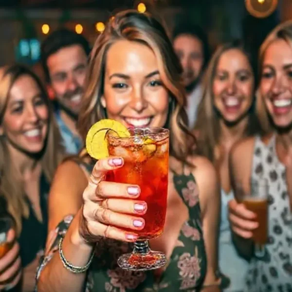 Mulher segurando um cocktail colorido à base de chá em uma festa.