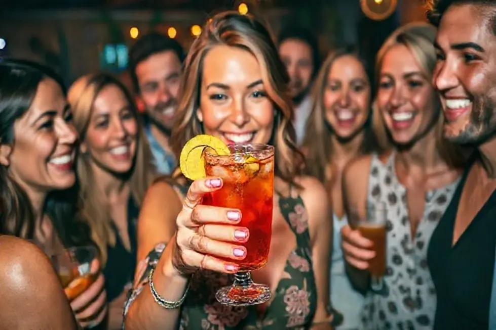 Mulher segurando um cocktail colorido à base de chá em uma festa.