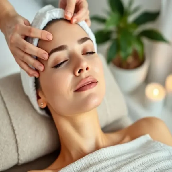 Mulher desfrutando de um tratamento facial em um ambiente tranquilo