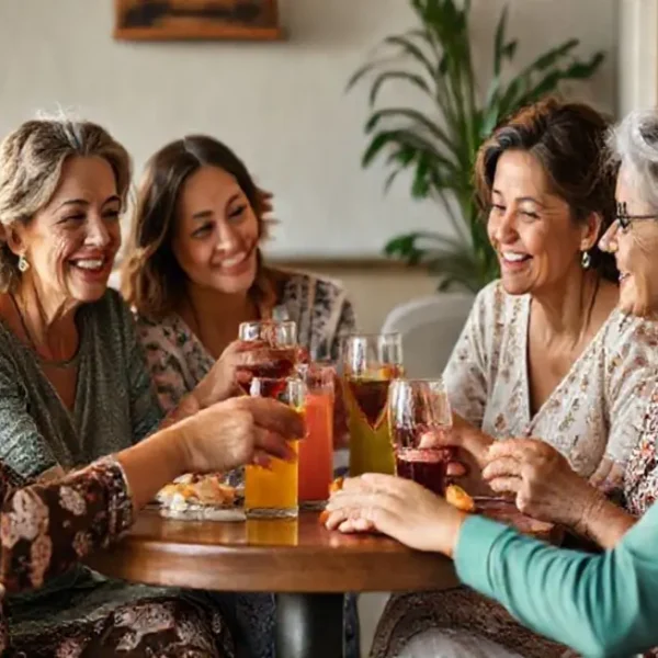 Grupo de mulheres se reunindo para uma refeição consciente e alegre.