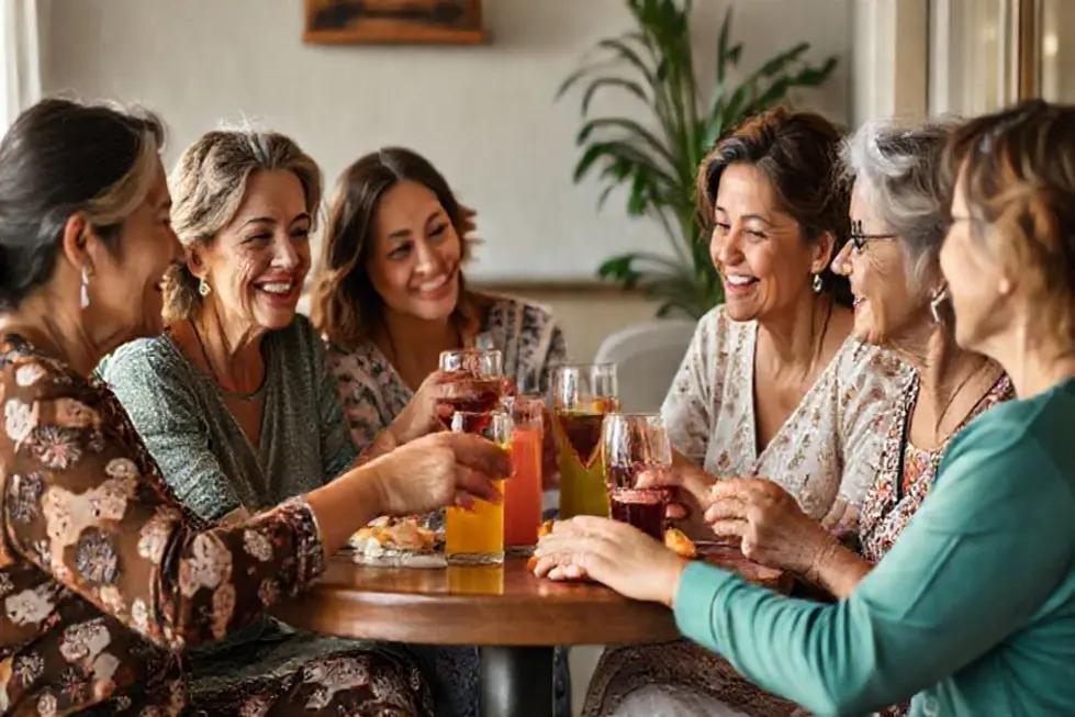 Grupo de mulheres se reunindo para uma refeição consciente e alegre.