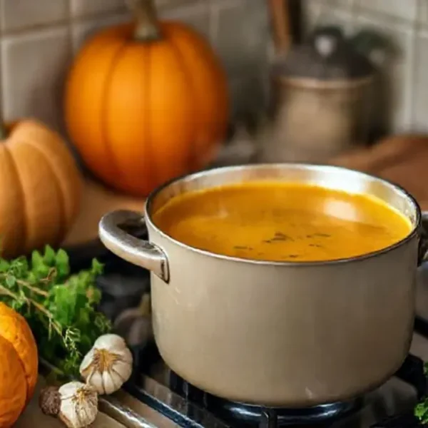 Uma cena acolhedora de cozinha com uma panela de sopa de abóbora cozinhando ao fundo.