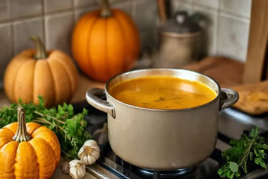 12 Sopa de Abóbora Incríveis para Transformar suas Refeições 13 Uma cena acolhedora de cozinha com uma panela de sopa de abóbora cozinhando ao fundo.