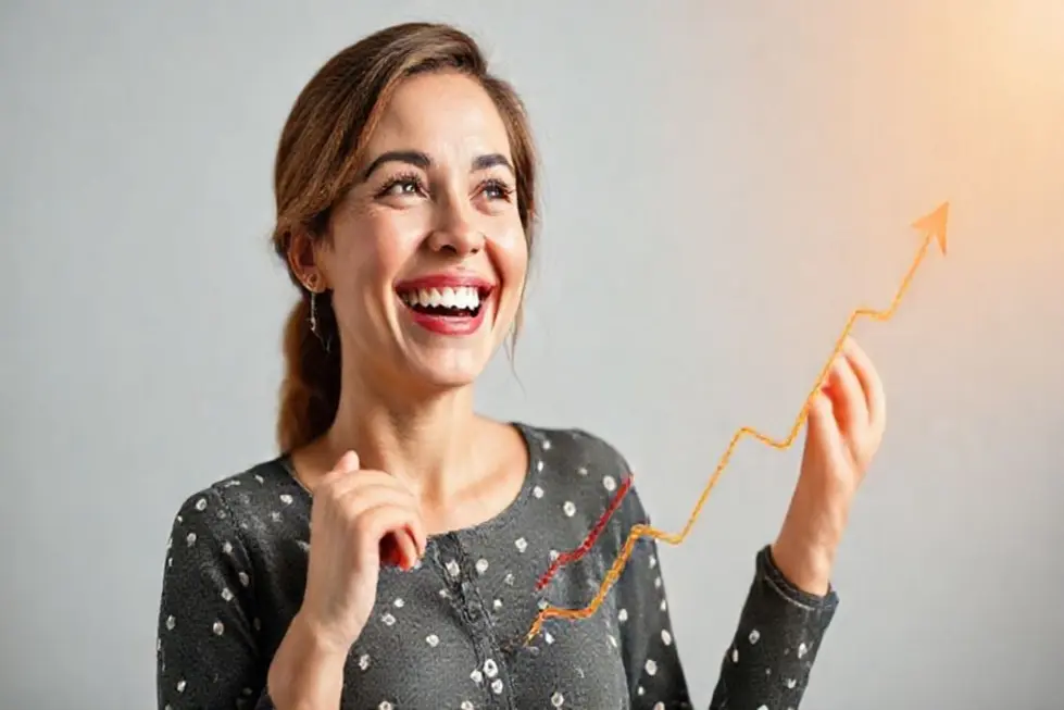 Mulher observando crescimento financeiro.