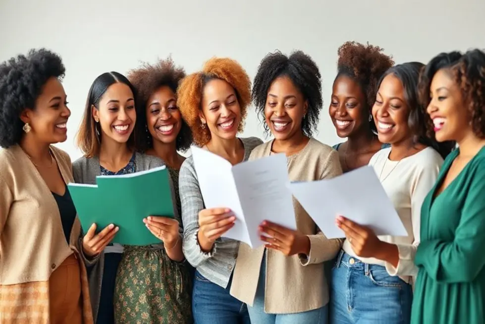 Mulheres diversas celebrando seu sucesso financeiro com alegria.