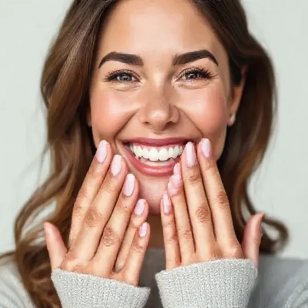 Mulher exibindo unhas bem cuidadas, simbolizando a importância do autocuidado.