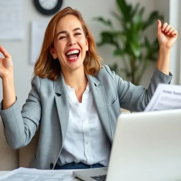 Mulher comemorando seu sucesso em investimentos
