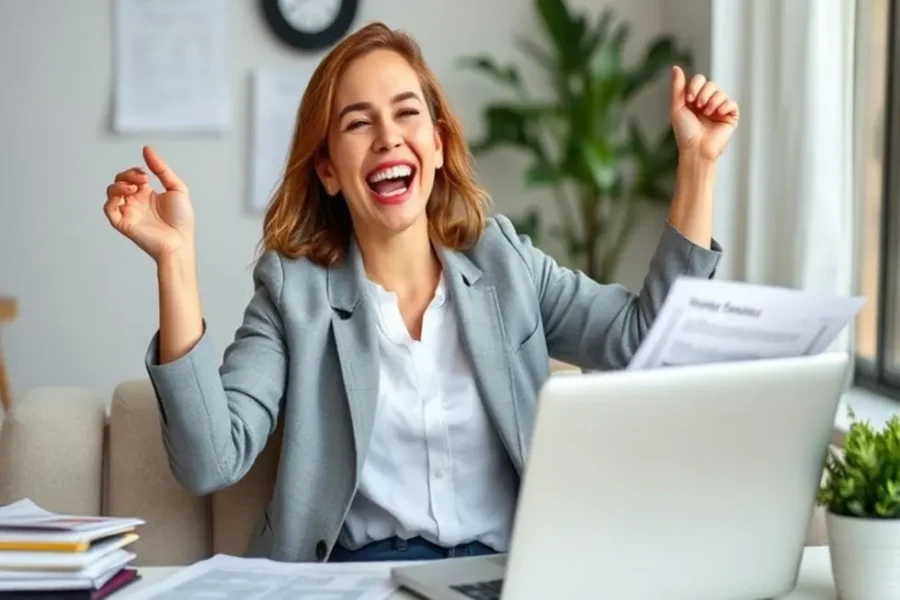 Mulher comemorando seu sucesso em investimentos
