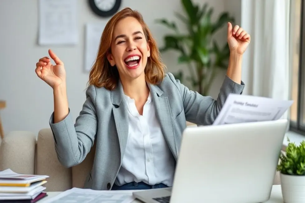 Mulher comemorando seu sucesso em investimentos