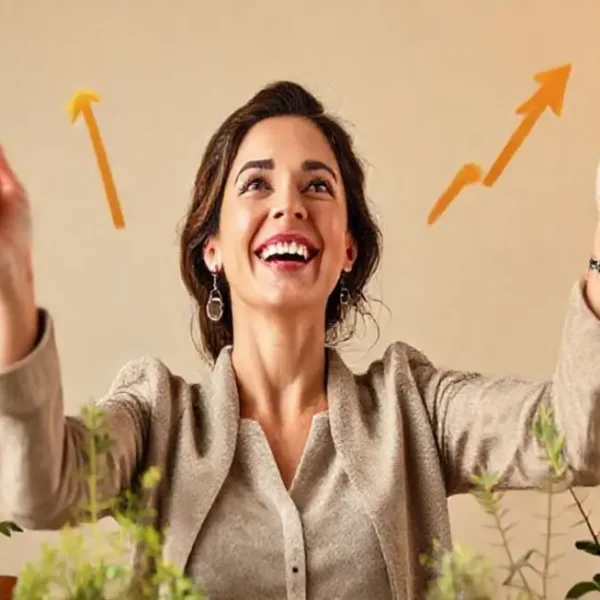 Uma mulher celebrando seu sucesso financeiro com alegria.