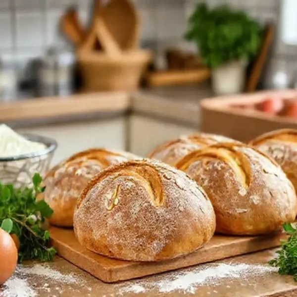 Cozinha acolhedora com pães frescos e ingredientes ao redor.