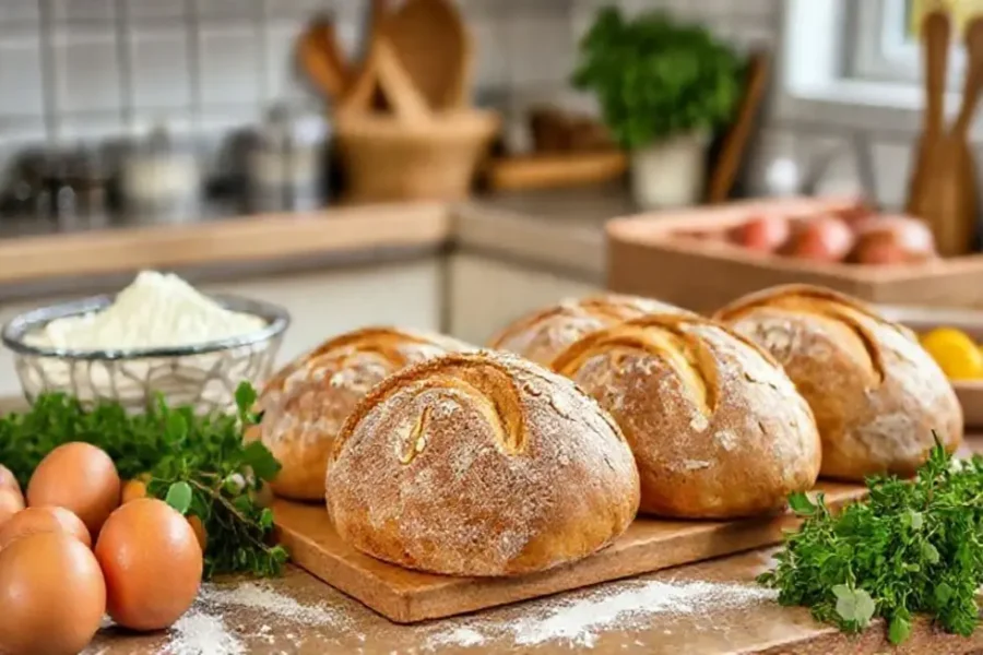 7 Receitas de Pão Rápidas e Práticas que Você Vai Amar 15 Cozinha acolhedora com pães frescos e ingredientes ao redor.