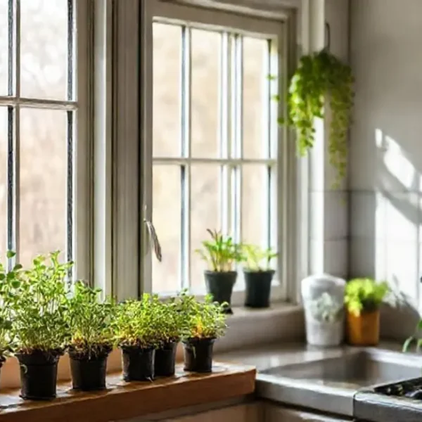 Uma cozinha iluminada com vasos de microverdes.