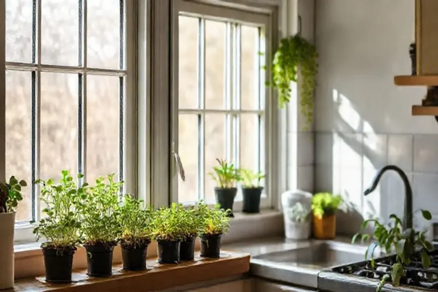 7 Motivos para Cultivar Microverdes em Casa e Como Começar Hoje 15 Uma cozinha iluminada com vasos de microverdes.