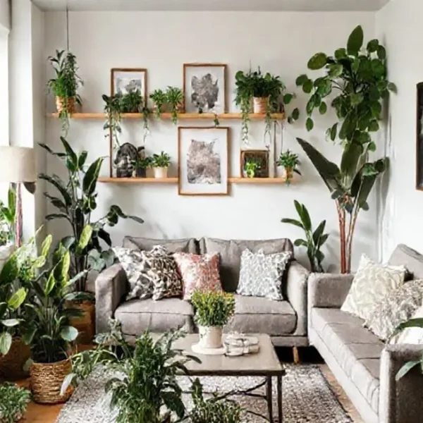 Imagem de uma sala de estar com diversas plantas decorativas