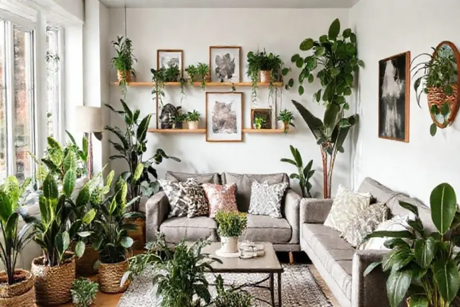 8 Plantas Perfeitas para Decorar sua Casa de Forma Sustentável 13 Imagem de uma sala de estar com diversas plantas decorativas