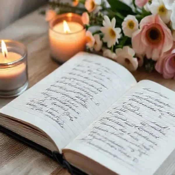 Um diário aberto com anotações ao lado de uma vela e flores, refletindo tranquilidade.