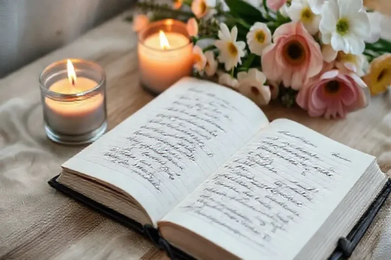 Um diário aberto com anotações ao lado de uma vela e flores, refletindo tranquilidade.