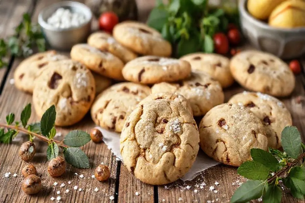 Uma variedade de cookies sem açúcar em uma mesa rústica.