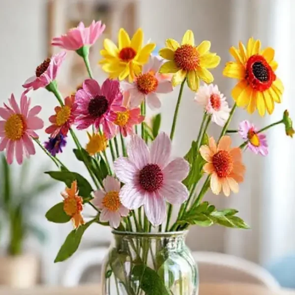 Vibrant recycled flowers in a decorative vase.