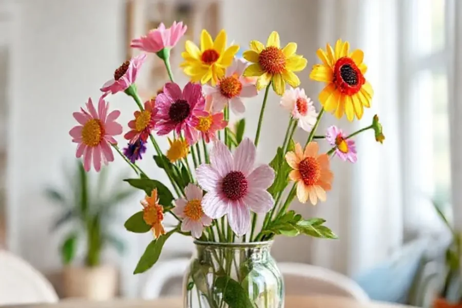 10 Ideias Criativas para Fazer Flores Recicladas e Encantar sua Decoração 14 Vibrant recycled flowers in a decorative vase.