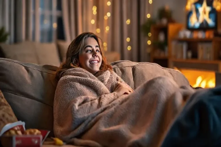 Uma mulher feliz assistindo a um filme em um sofá aconchegante.